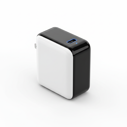 Compact 65W USB-C fast charger in white and black